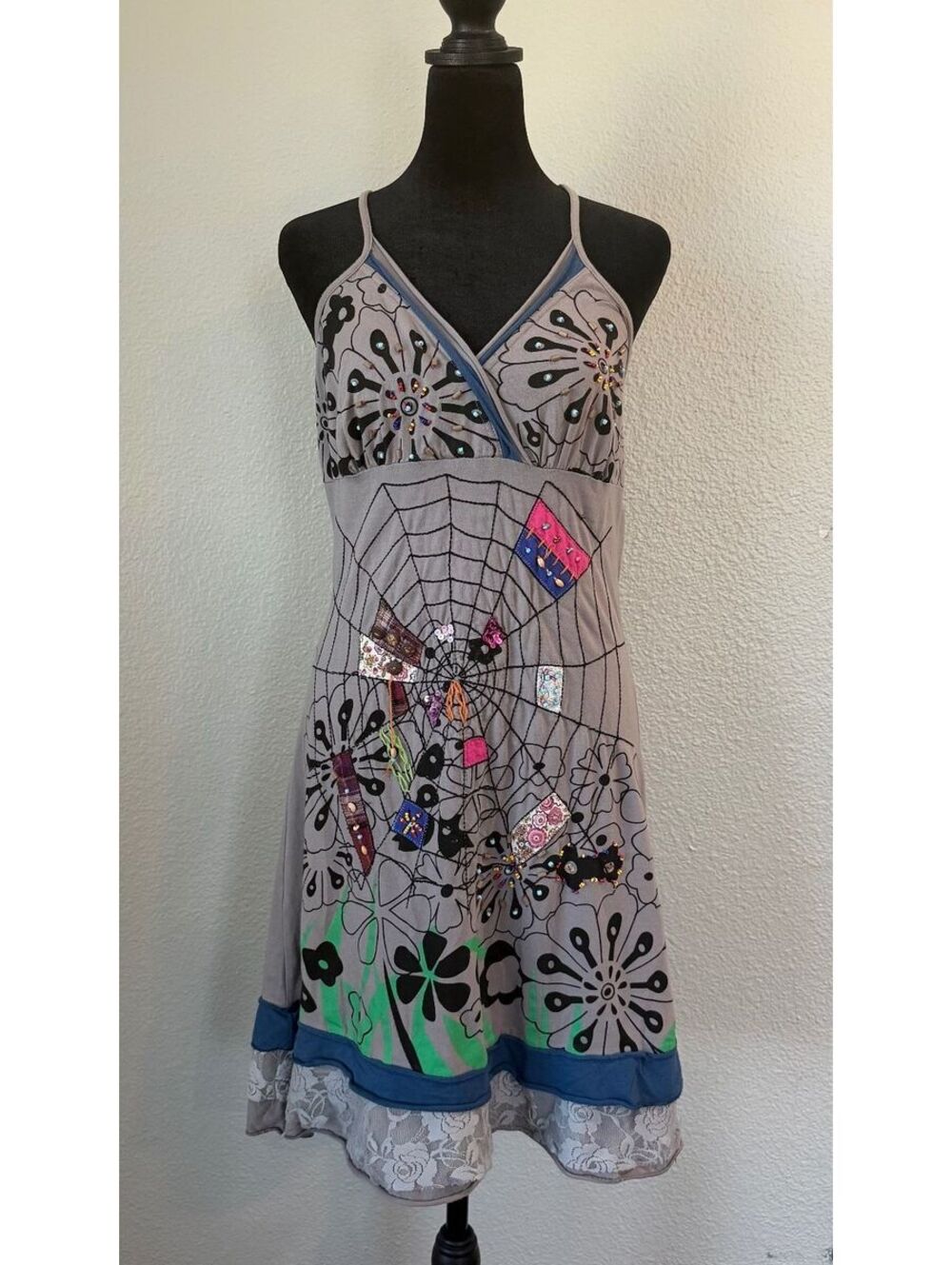 Rare Funky Chameleon Hand Beaded Embroidered Halter Dress